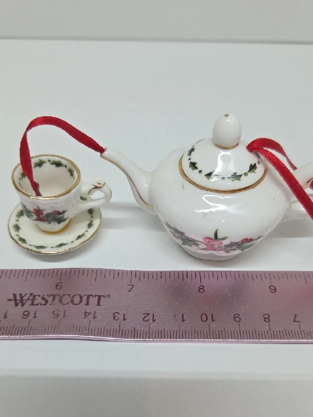 Miniature Porcelain Teapot & Teacup Ornament — White with Holly Red Ribbon